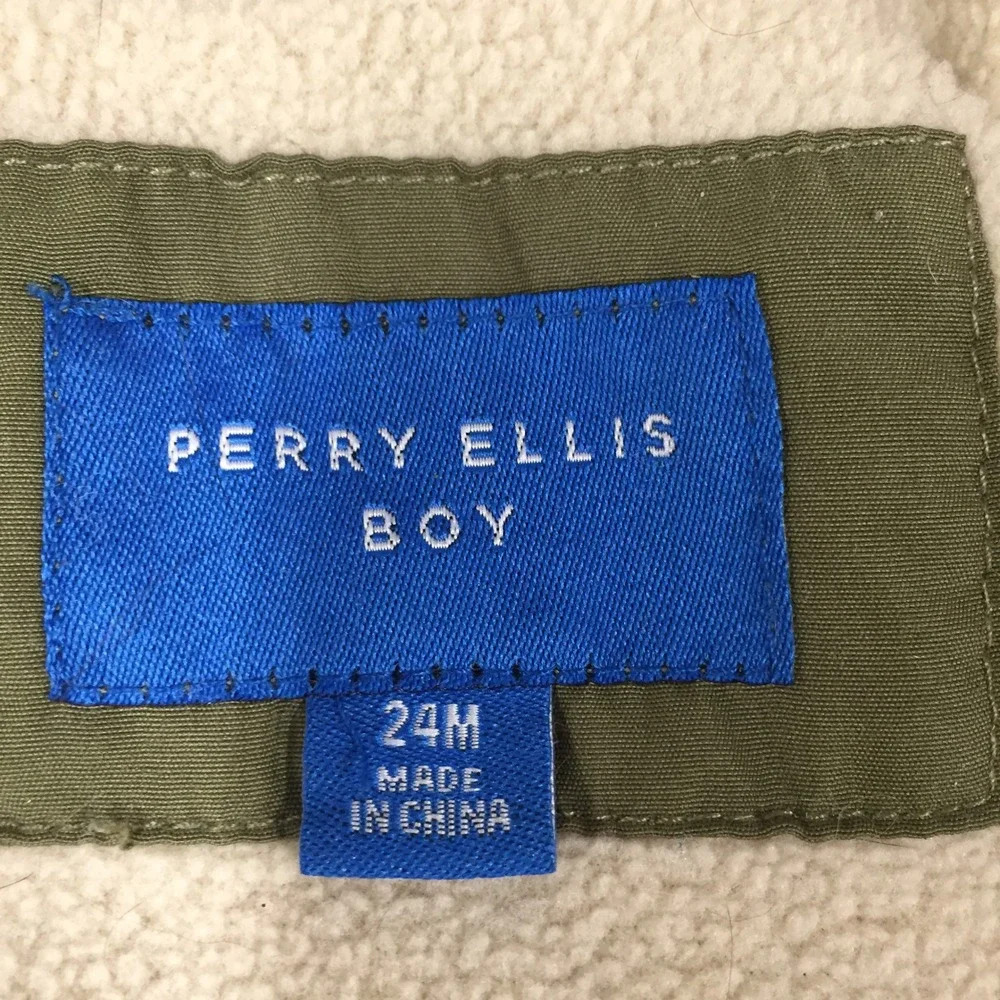 Perry Ellis Boy Quilted Hooded Jacket Olive Green Toggle Coat 24M Elbow Patches
